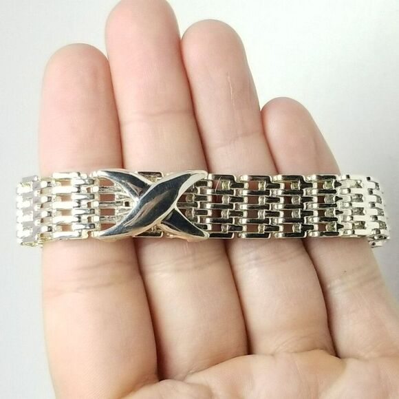 Vintage Lattice Chain Bracelet with X Design Center, Silver Tone Metal, Estate - Picture 1 of 5